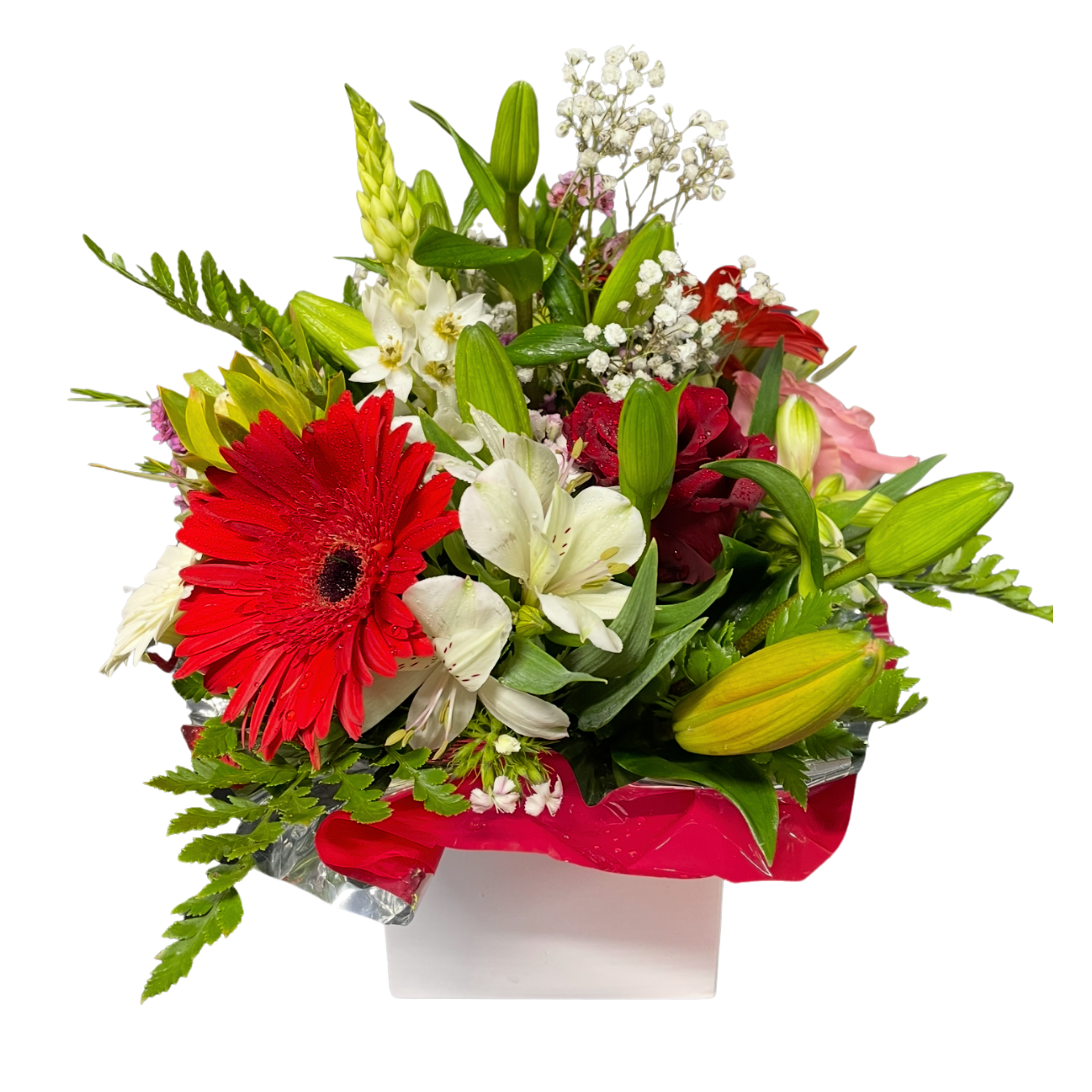 Large Tulip Rose Gerbera Box Arrangement