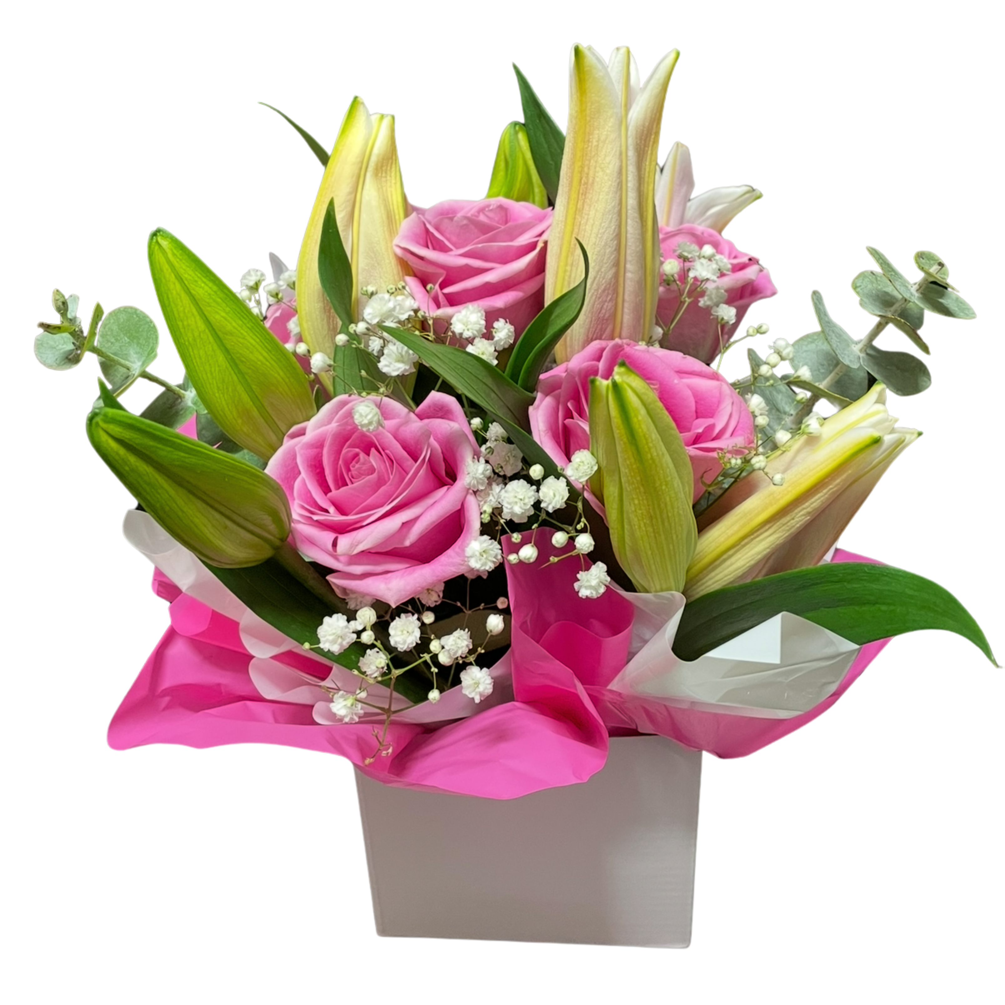 Pink Rose and Tulip Box Arrangement